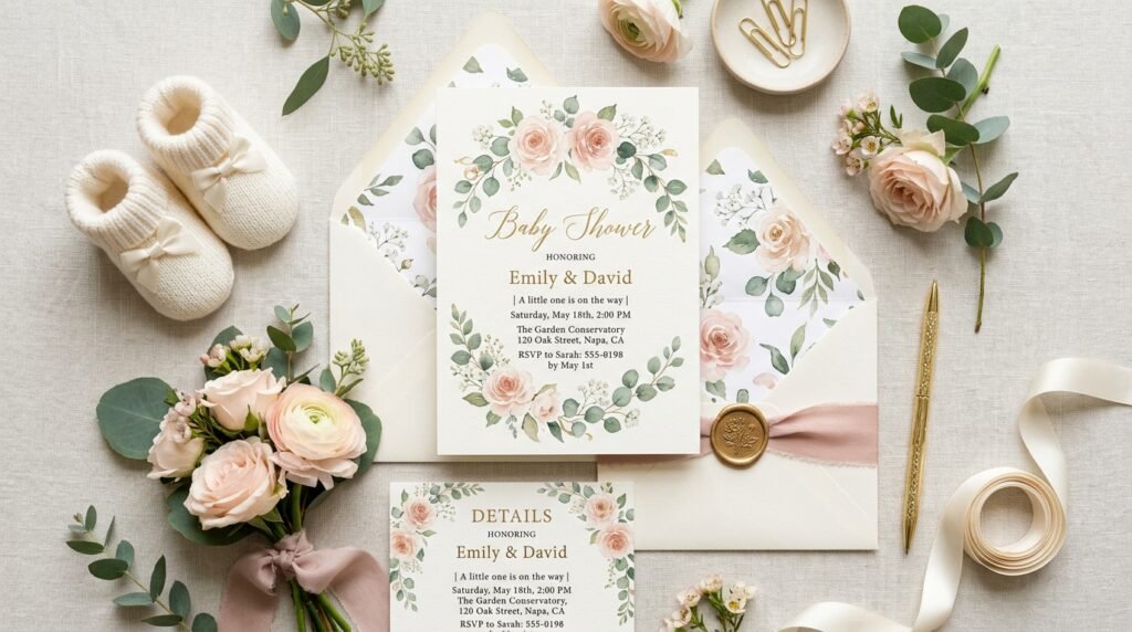 Printed editable baby shower invitation template flat lay by artisan anthology llc.