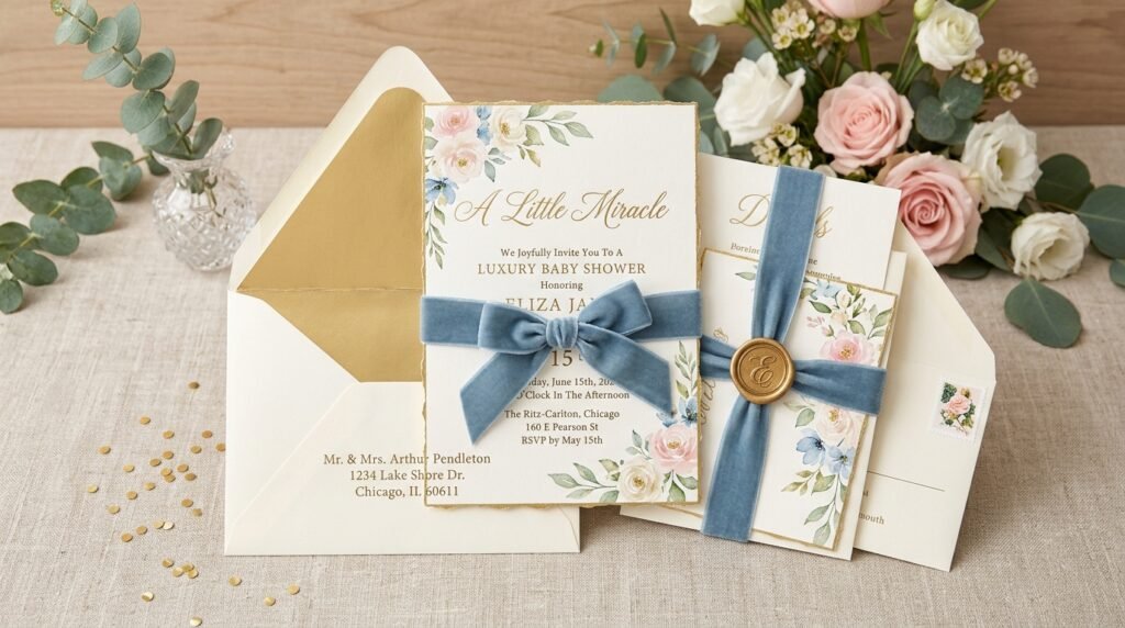 Printed luxury baby shower invitation suite by artisan anthology llc.