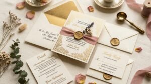 Printed luxury wedding invitation suite by artisan anthology llc.