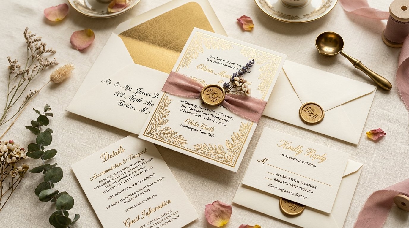 Printed luxury wedding invitation suite by artisan anthology llc.