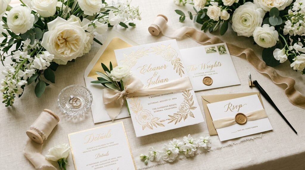 Printed luxury wedding invitation template by artisan anthology llc.