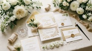 Printed luxury wedding invitation template by artisan anthology llc.