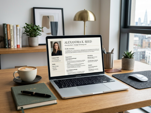 Professional CV template displayed on modern workspace desk by artisan anthology llc.