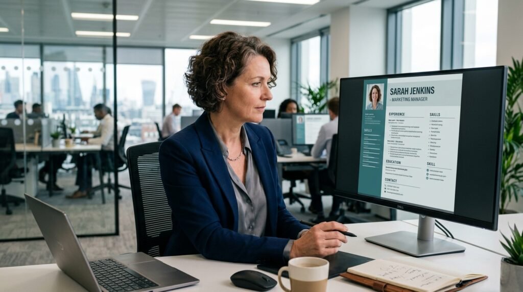 Recruiter reviewing Canva CV template by artisan anthology llc.