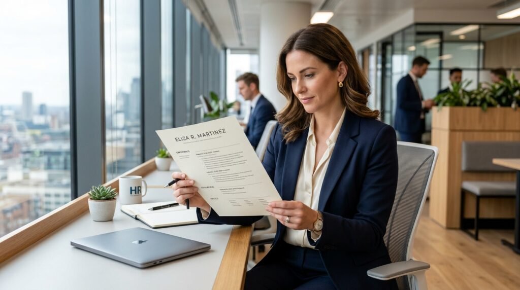 Recruiter reviewing minimalist corporate resume by artisan anthology llc.