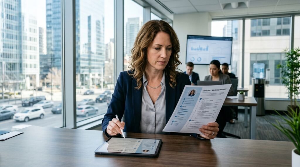 Recruiter reviewing modern resume by artisan anthology llc.