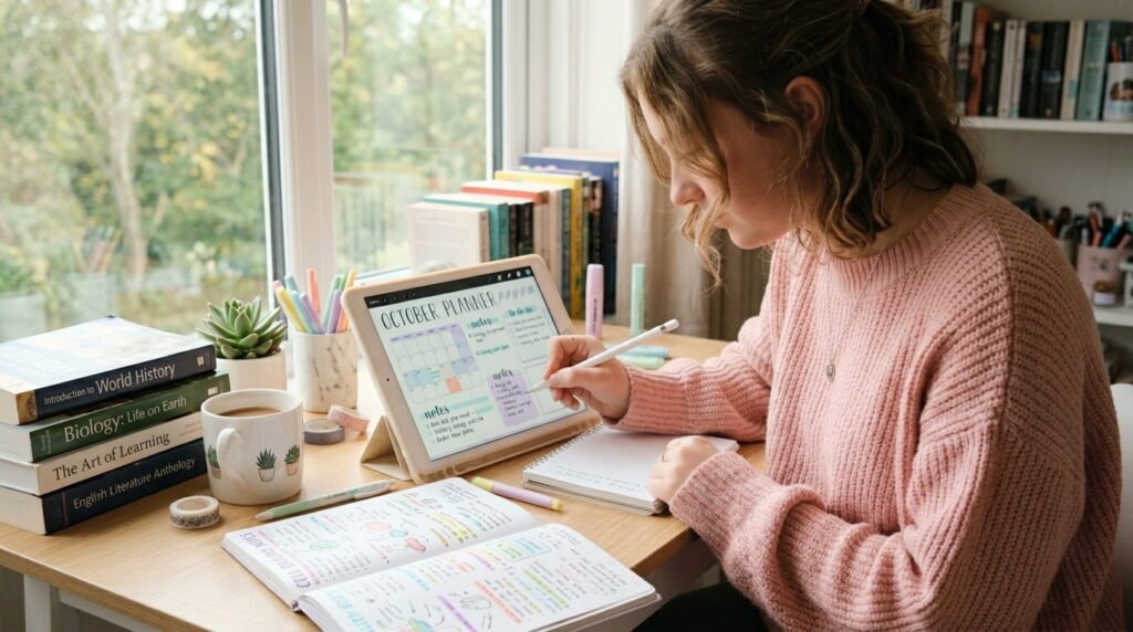 Student using digital planner for study schedule and exam planning BY ARTISAN ANTHOLOGY LLC