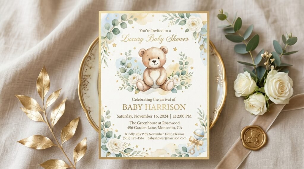 Teddy bear Canva baby shower invitation byb artisan anthology llc.