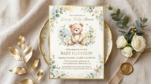 Teddy bear Canva baby shower invitation byb artisan anthology llc.