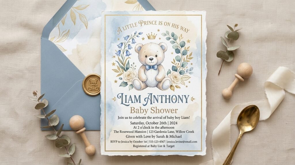 Teddy bear baby boy shower invitation template by artisan anthology llc.