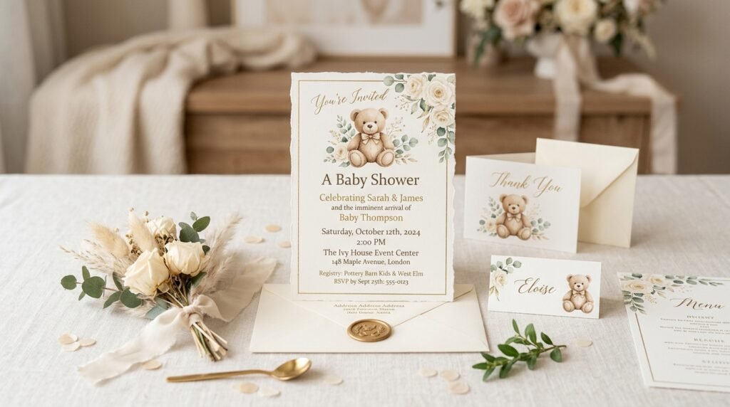 Teddy bear baby shower invitation template design by artisan anthology llc.