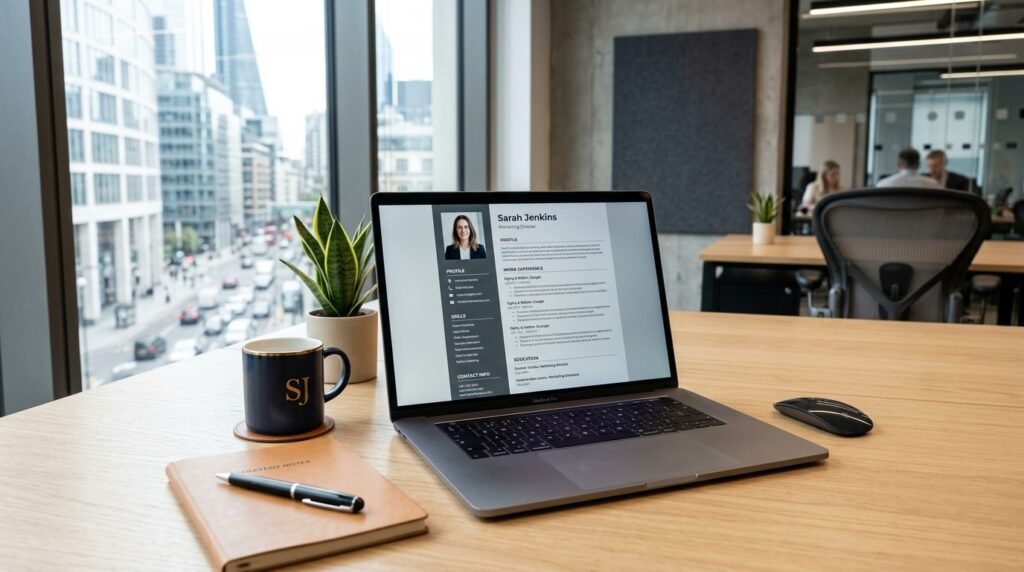 Top professional CV template displayed on laptop by artisan anthology llc.