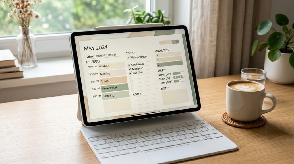 Top rated digital planner displayed on iPad for staying organized by artisan anthology llc.