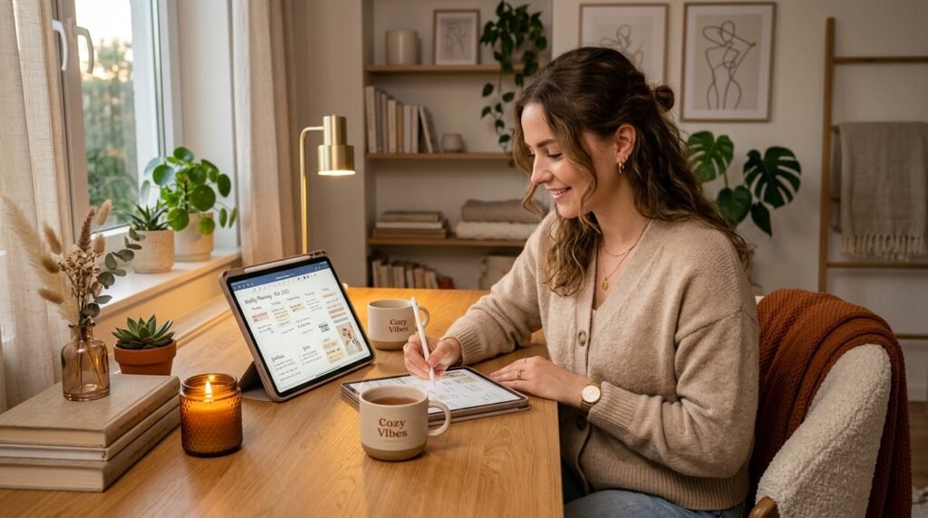Using an aesthetic digital planner in a cozy workspace by artisan anthology llc.