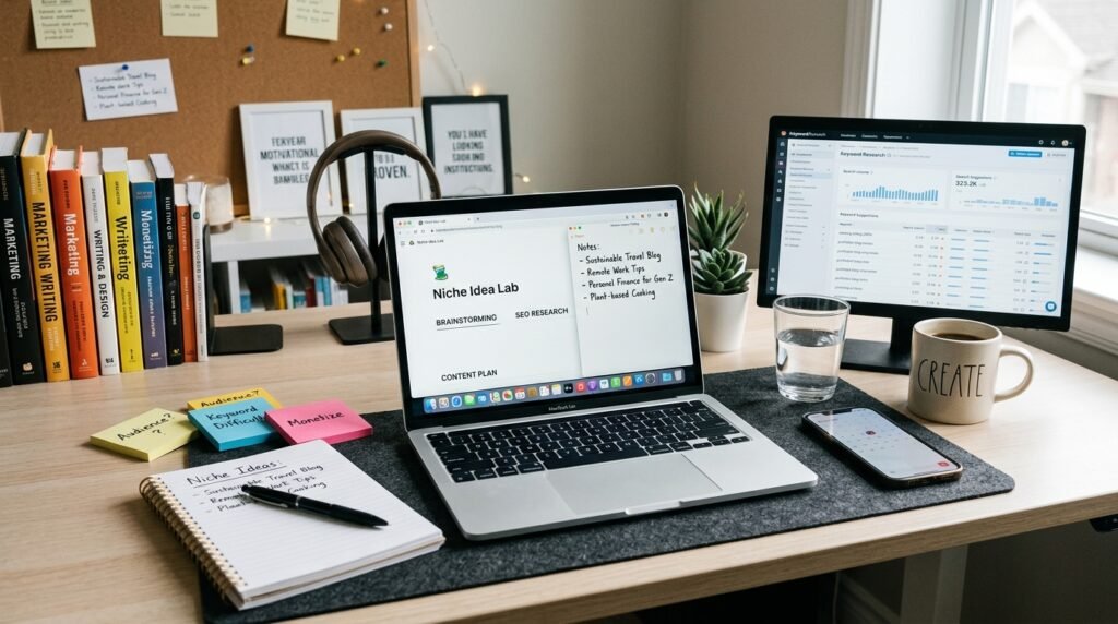 blogging niche ideas brainstorming workspace by artisan anthology llc.
