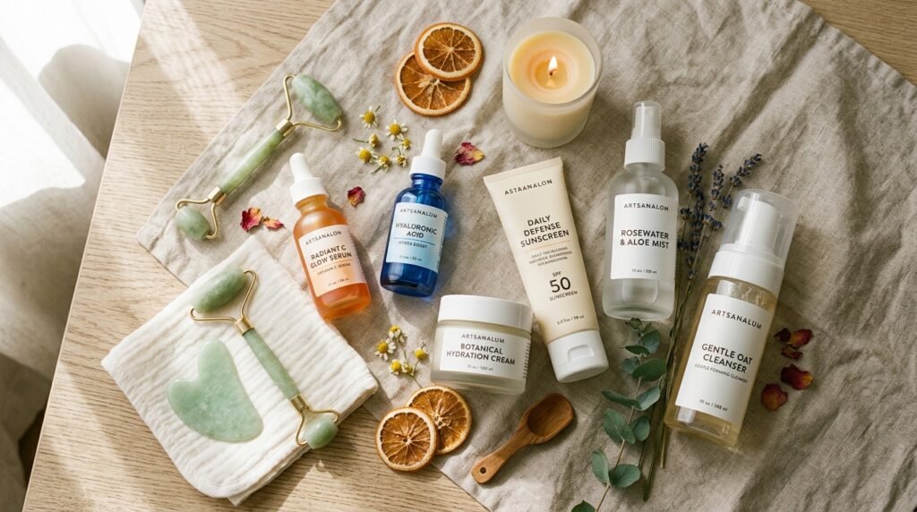glowing skin skincare essentials setup by artisan anthology llc.