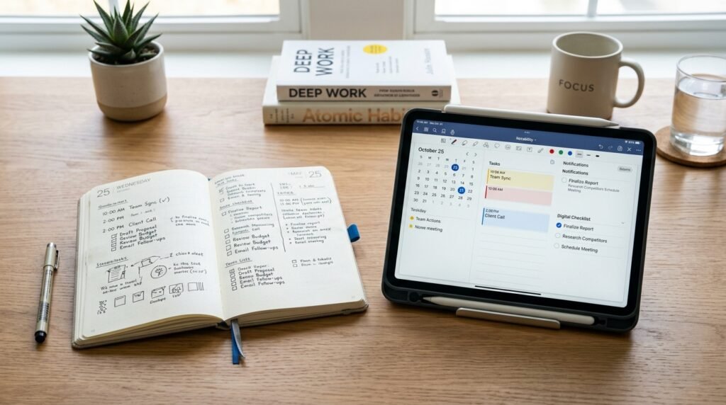 Digital planner compared with traditional big planner. by artisan anthology  llc.
