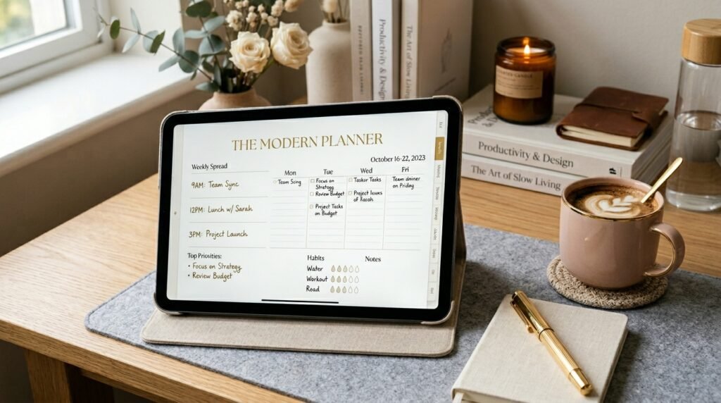 Digital planner that actually works displayed on a modern workspace by artisan anthology llc.