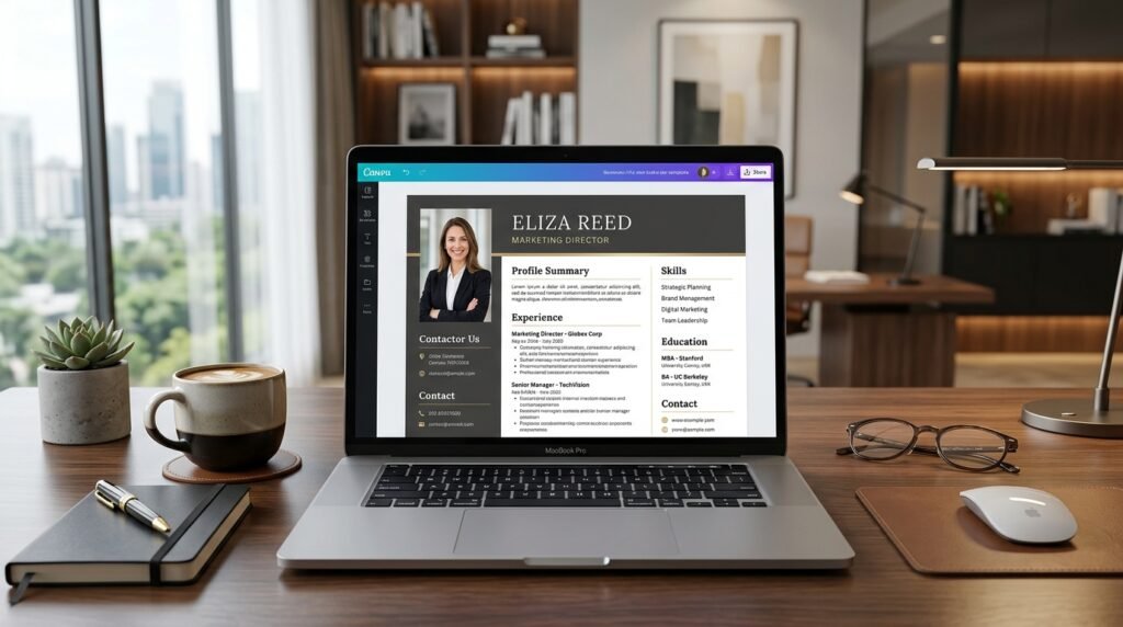 Editable Canva CV template for professionals displayed on laptop by artisan anthology llc.