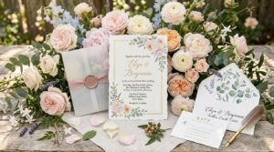 Editable floral wedding invitation matching modern romantic wedding decor by artisan anthology llc.