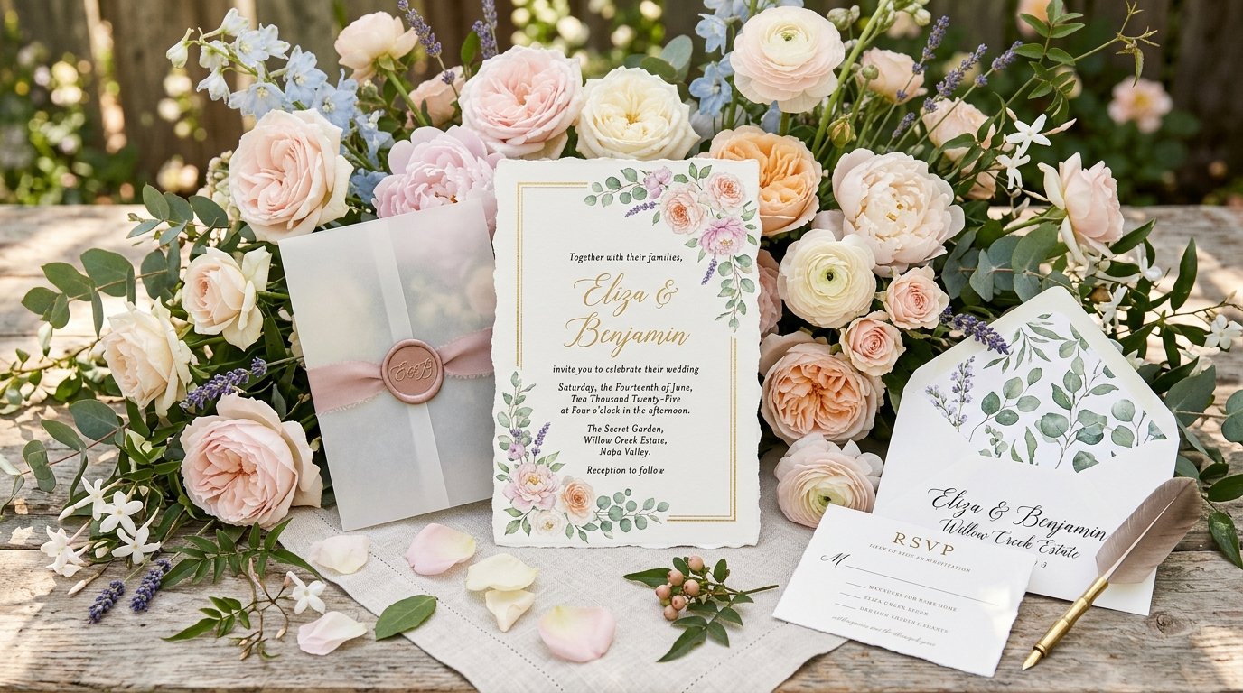 Editable floral wedding invitation matching modern romantic wedding decor by artisan anthology llc.