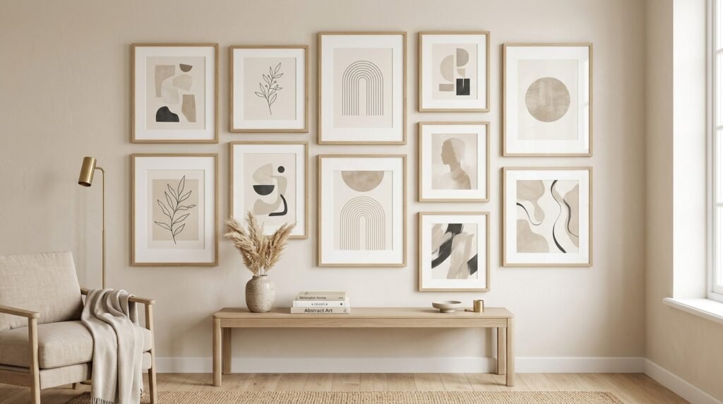 Neutral modern wall art creating elegant bedroom decor by artisan anthology llc.